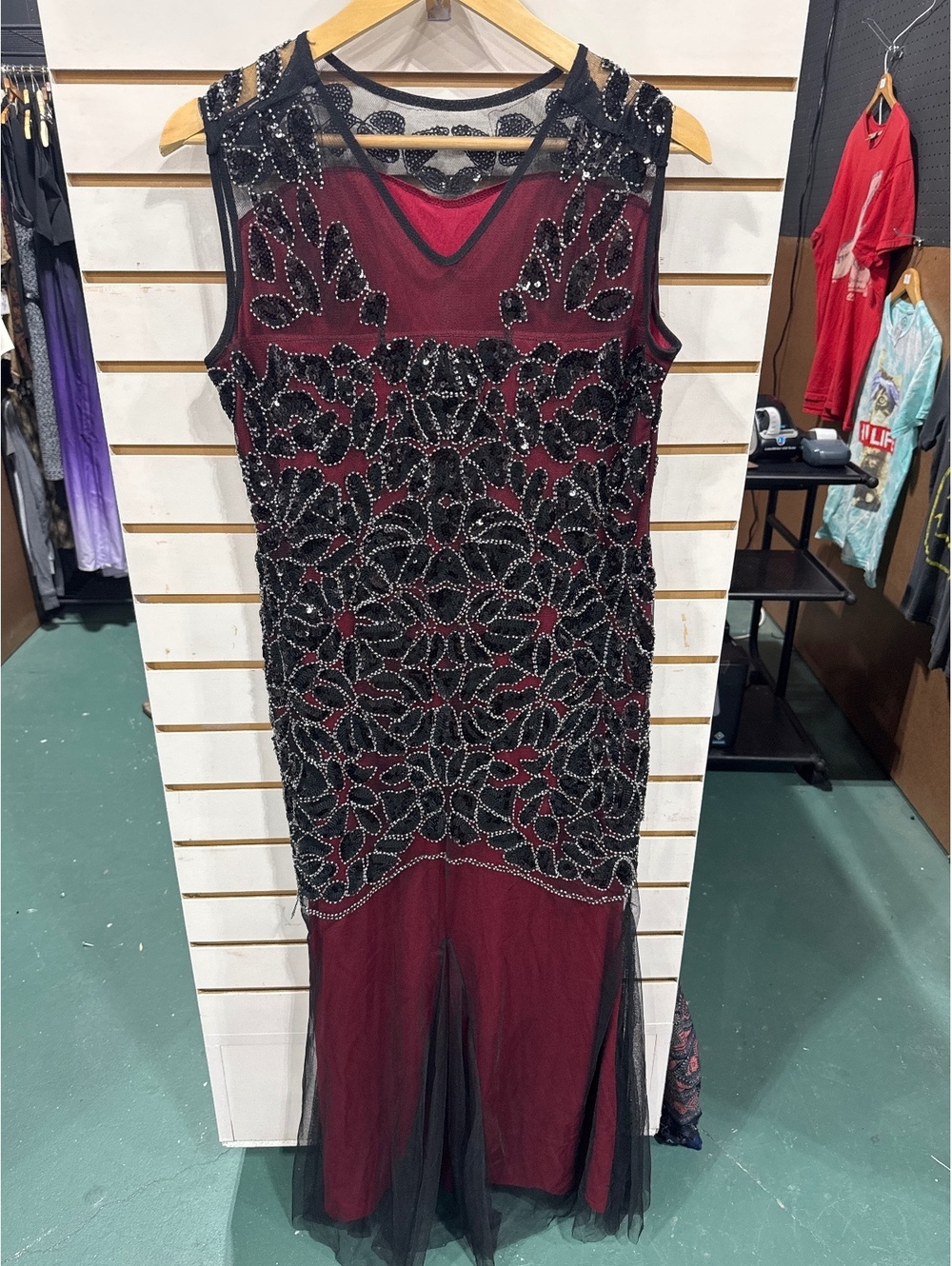 Elegant Burgundy and Black Beaded Evening Gown